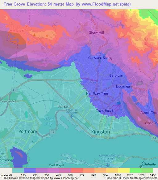 Tree Grove,Jamaica Elevation Map
