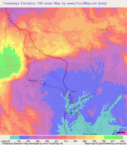 Treadways,Jamaica Elevation Map