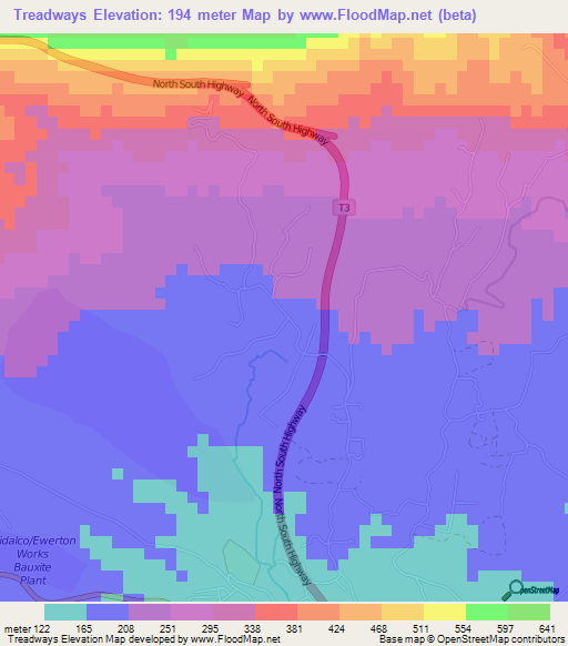Treadways,Jamaica Elevation Map