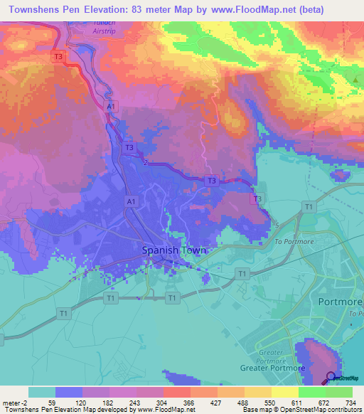 Townshens Pen,Jamaica Elevation Map
