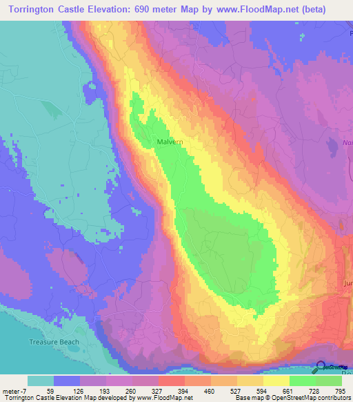 Torrington Castle,Jamaica Elevation Map
