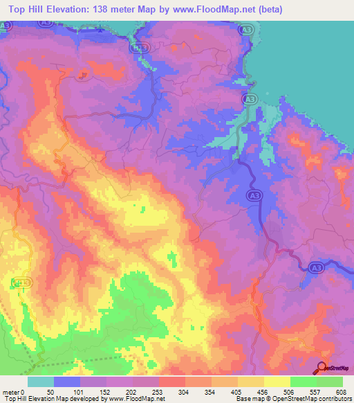 Top Hill,Jamaica Elevation Map