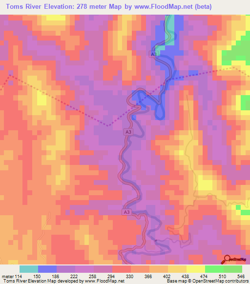 Toms River,Jamaica Elevation Map