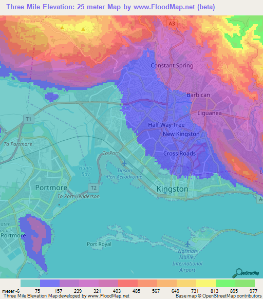 Three Mile,Jamaica Elevation Map