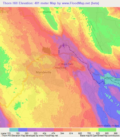 Thorn Hill,Jamaica Elevation Map