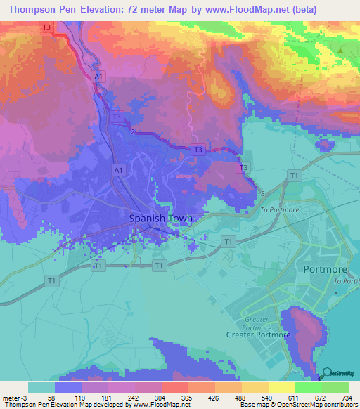 Thompson Pen,Jamaica Elevation Map