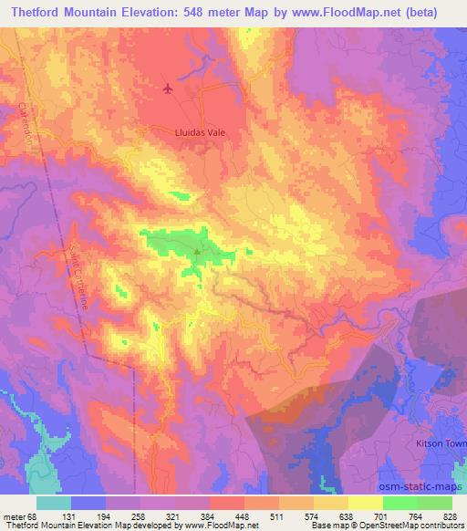 Thetford Mountain,Jamaica Elevation Map