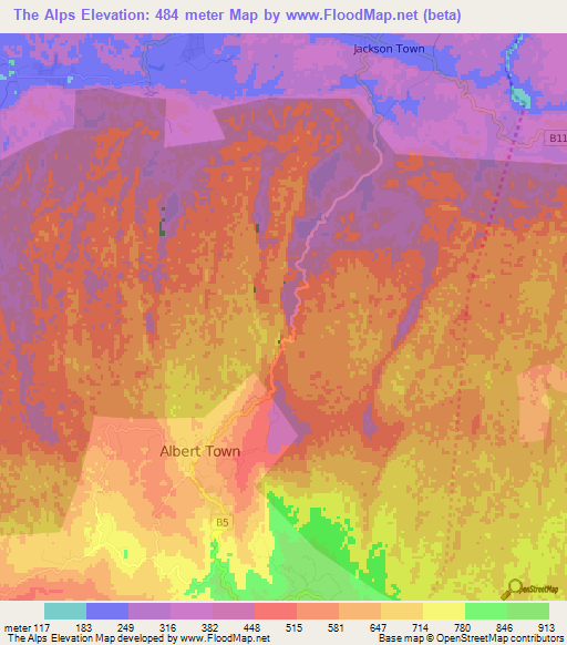 The Alps,Jamaica Elevation Map