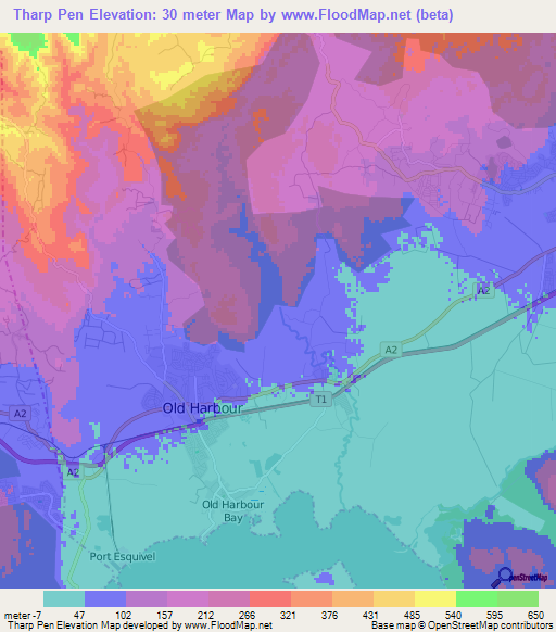 Tharp Pen,Jamaica Elevation Map