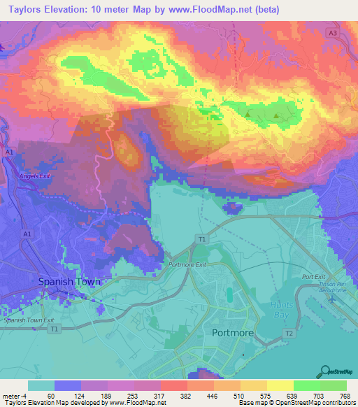 Taylors,Jamaica Elevation Map