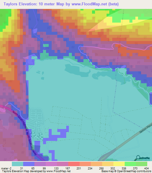 Taylors,Jamaica Elevation Map