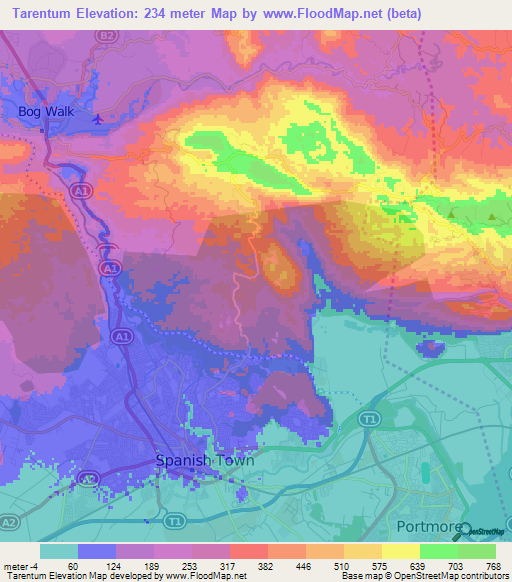 Elevation of Tarentum,Jamaica Elevation Map, Topography, Contour