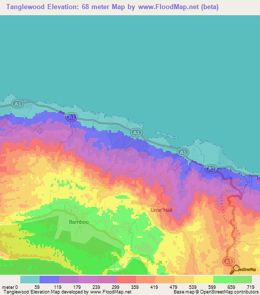 Tanglewood,Jamaica Elevation Map