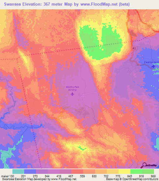 Swansea,Jamaica Elevation Map