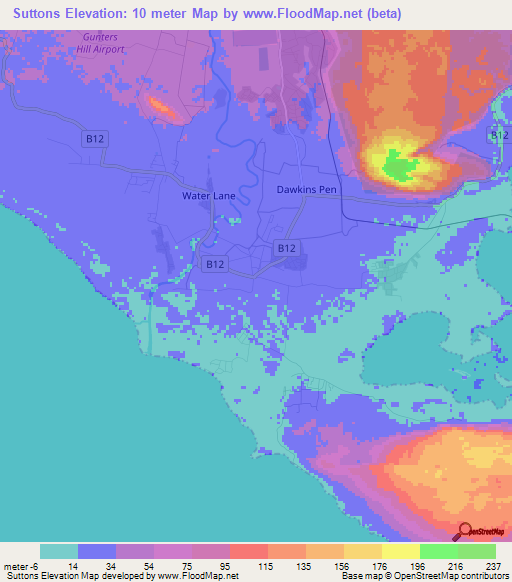 Suttons,Jamaica Elevation Map