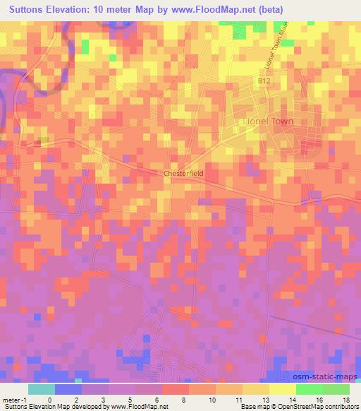 Suttons,Jamaica Elevation Map