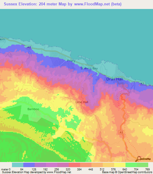 Sussex,Jamaica Elevation Map