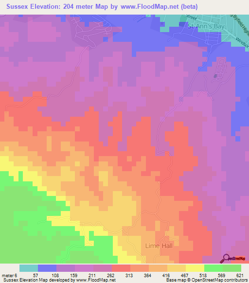 Sussex,Jamaica Elevation Map