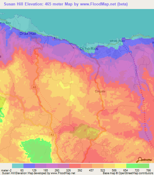 Susan Hill,Jamaica Elevation Map