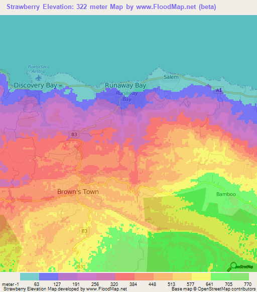 Strawberry,Jamaica Elevation Map
