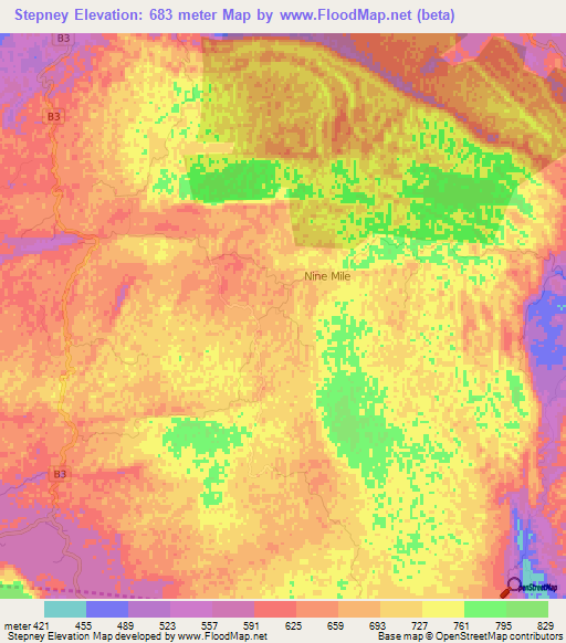 Stepney,Jamaica Elevation Map