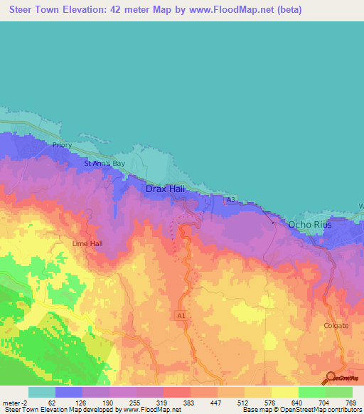 Steer Town,Jamaica Elevation Map