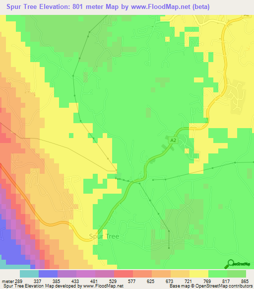 Spur Tree,Jamaica Elevation Map