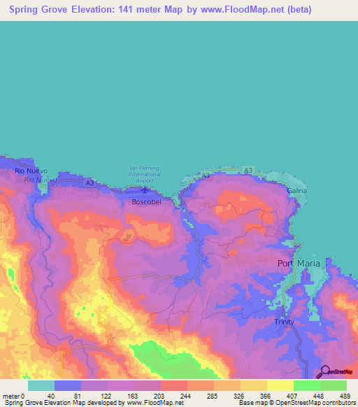 Spring Grove,Jamaica Elevation Map