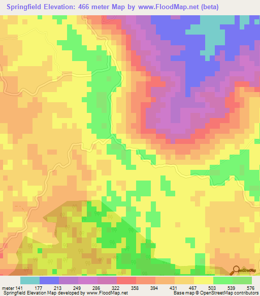 Springfield,Jamaica Elevation Map