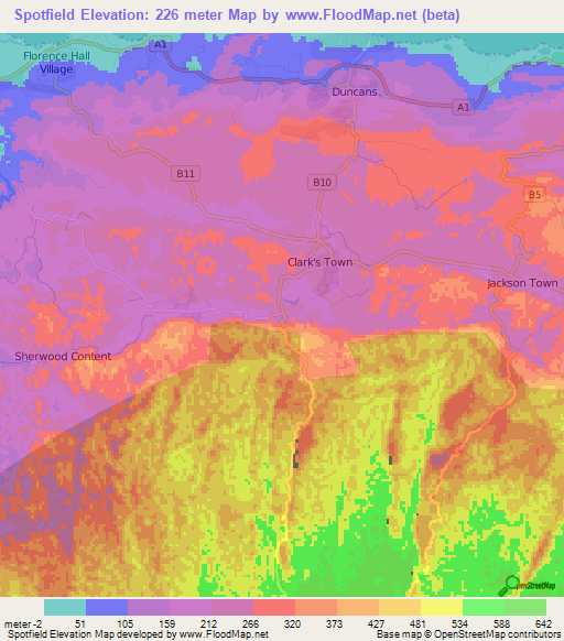 Spotfield,Jamaica Elevation Map