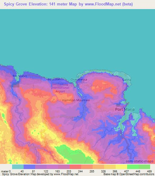 Spicy Grove,Jamaica Elevation Map