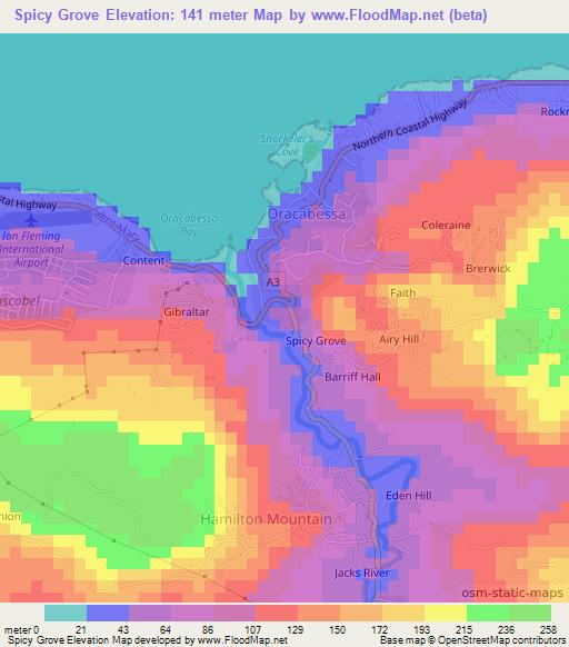 Spicy Grove,Jamaica Elevation Map