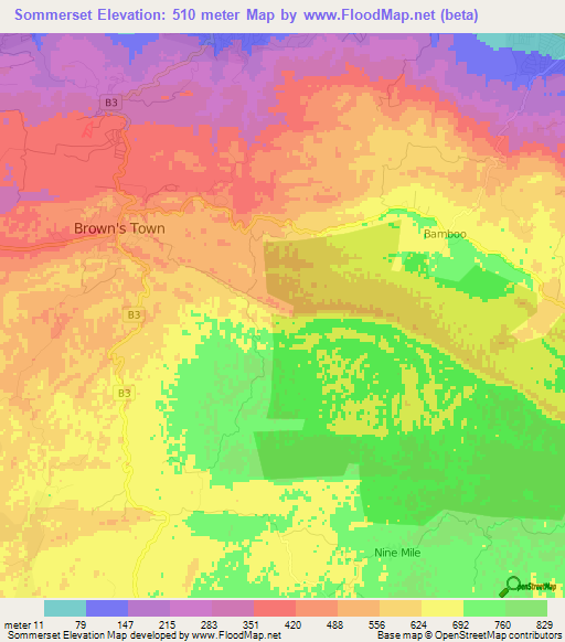 Sommerset,Jamaica Elevation Map