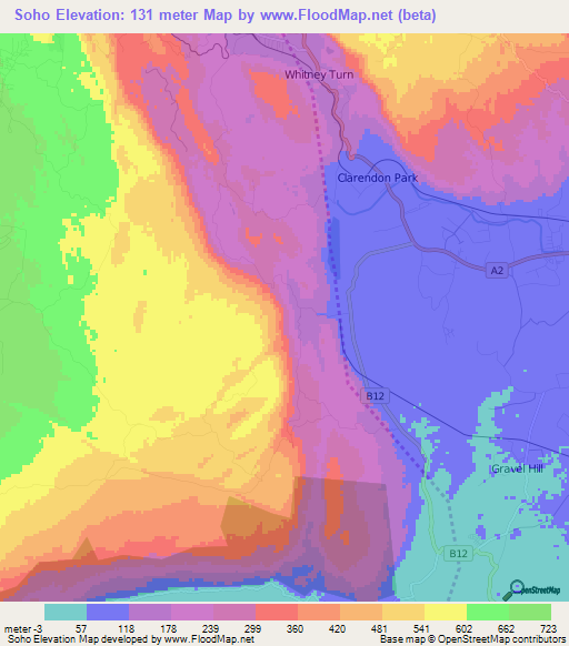 Soho,Jamaica Elevation Map