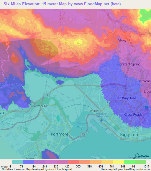 Six Miles,Jamaica Elevation Map