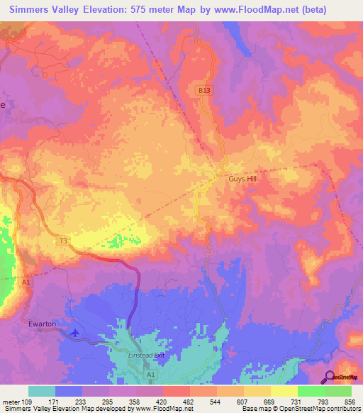 Simmers Valley,Jamaica Elevation Map