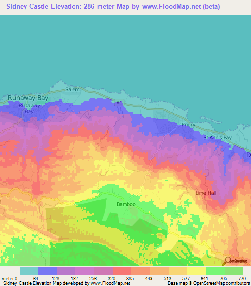 Sidney Castle,Jamaica Elevation Map