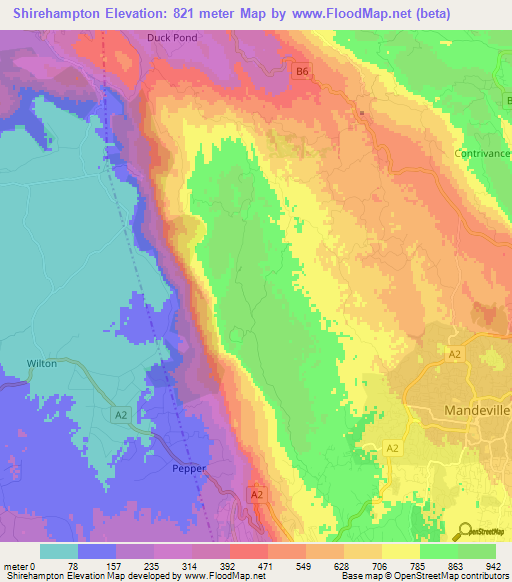 Shirehampton,Jamaica Elevation Map