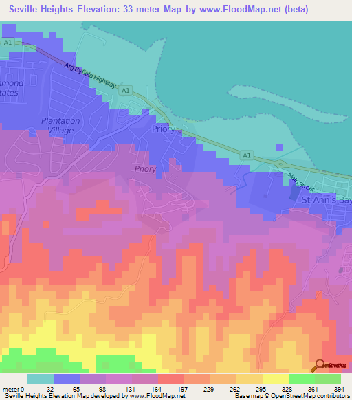 Seville Heights,Jamaica Elevation Map
