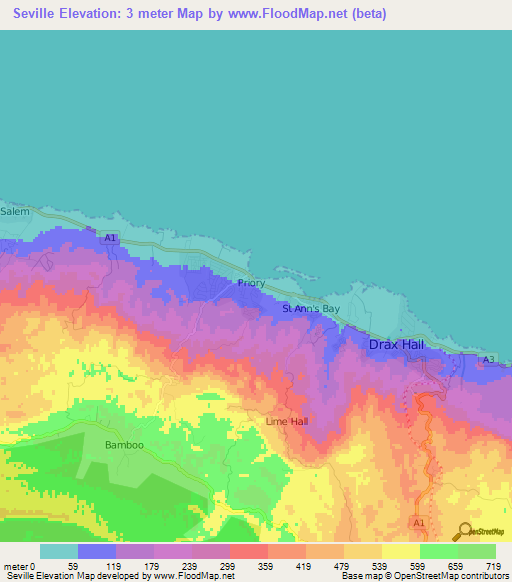 Seville,Jamaica Elevation Map
