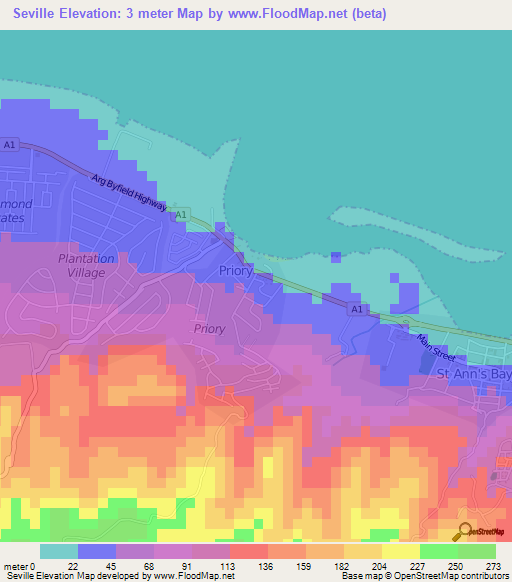 Seville,Jamaica Elevation Map