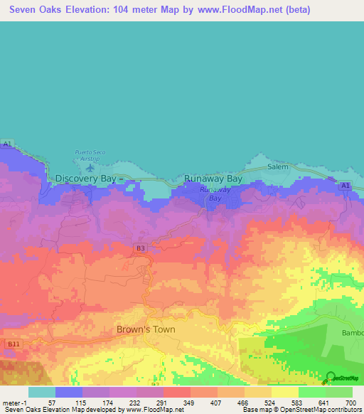 Seven Oaks,Jamaica Elevation Map