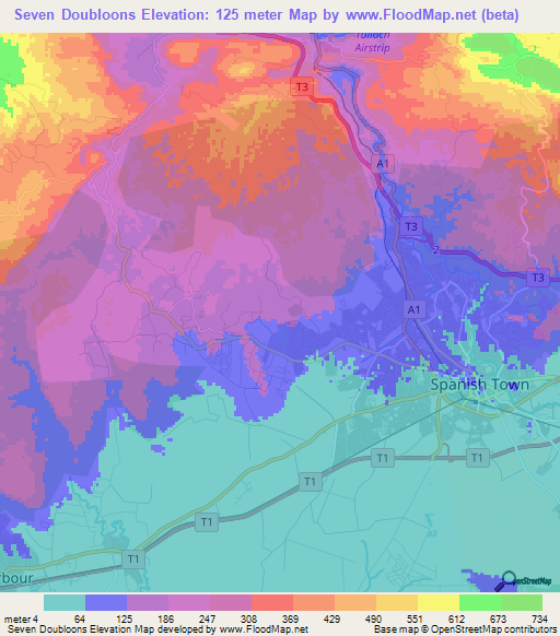 Seven Doubloons,Jamaica Elevation Map