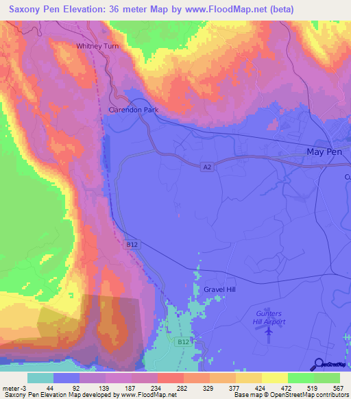 Saxony Pen,Jamaica Elevation Map
