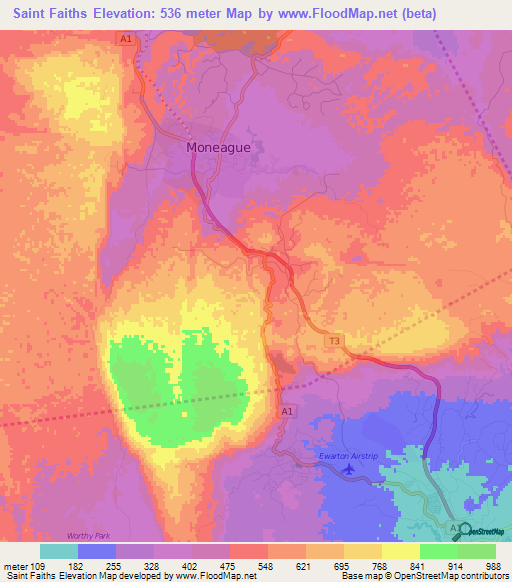 Saint Faiths,Jamaica Elevation Map