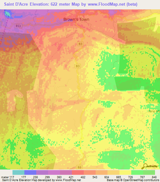 Saint D'Acre,Jamaica Elevation Map