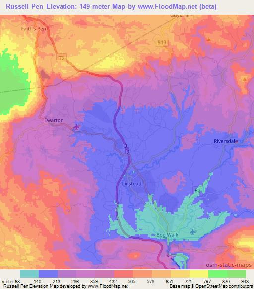 Russell Pen,Jamaica Elevation Map