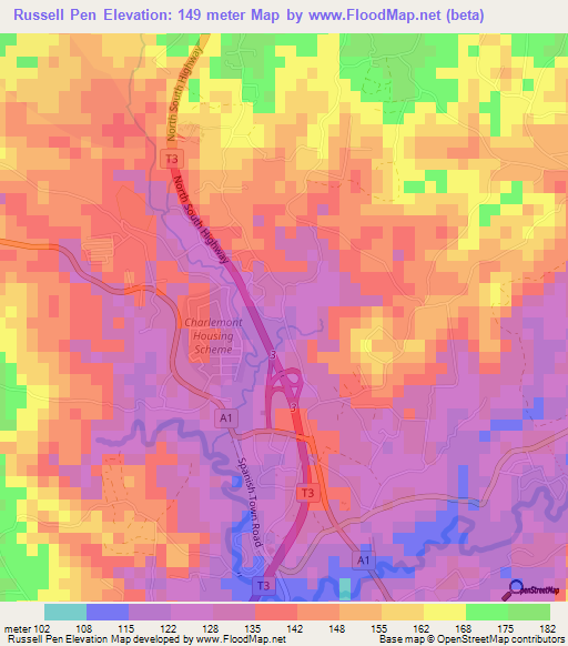 Russell Pen,Jamaica Elevation Map
