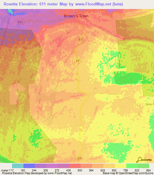 Rosetta,Jamaica Elevation Map