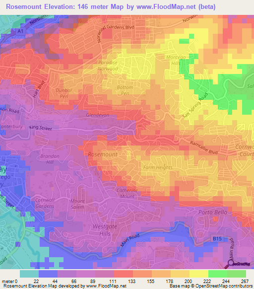 Rosemount,Jamaica Elevation Map